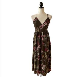 Olive Green & Pink Floral Maxi Dress
